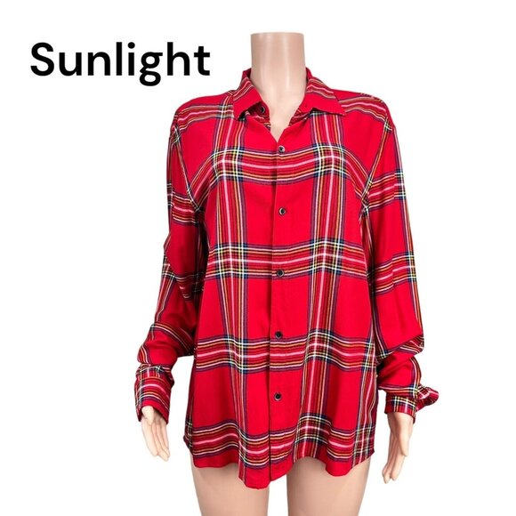 H&M Women Red Plaid Button Down Shirt SZ L Christmas Classic -Holiday Multicolor - Picture 1 of 15